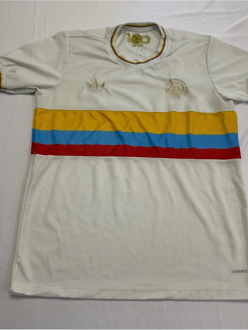adidas Men’s White Shirt with Yellow, Blue & Red Chest Bands